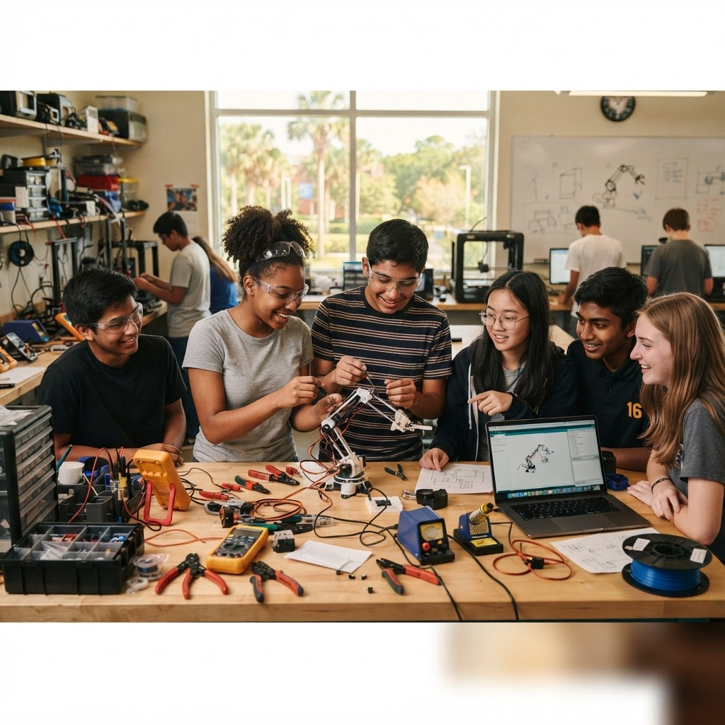 Students building a robotics prototype in an engineering workspace