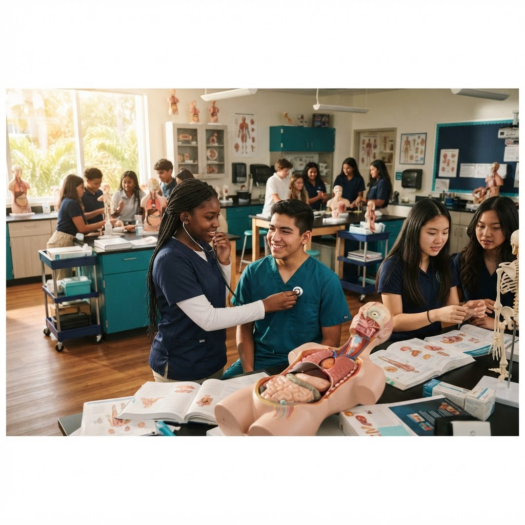 Students learning healthcare skills in a science lab