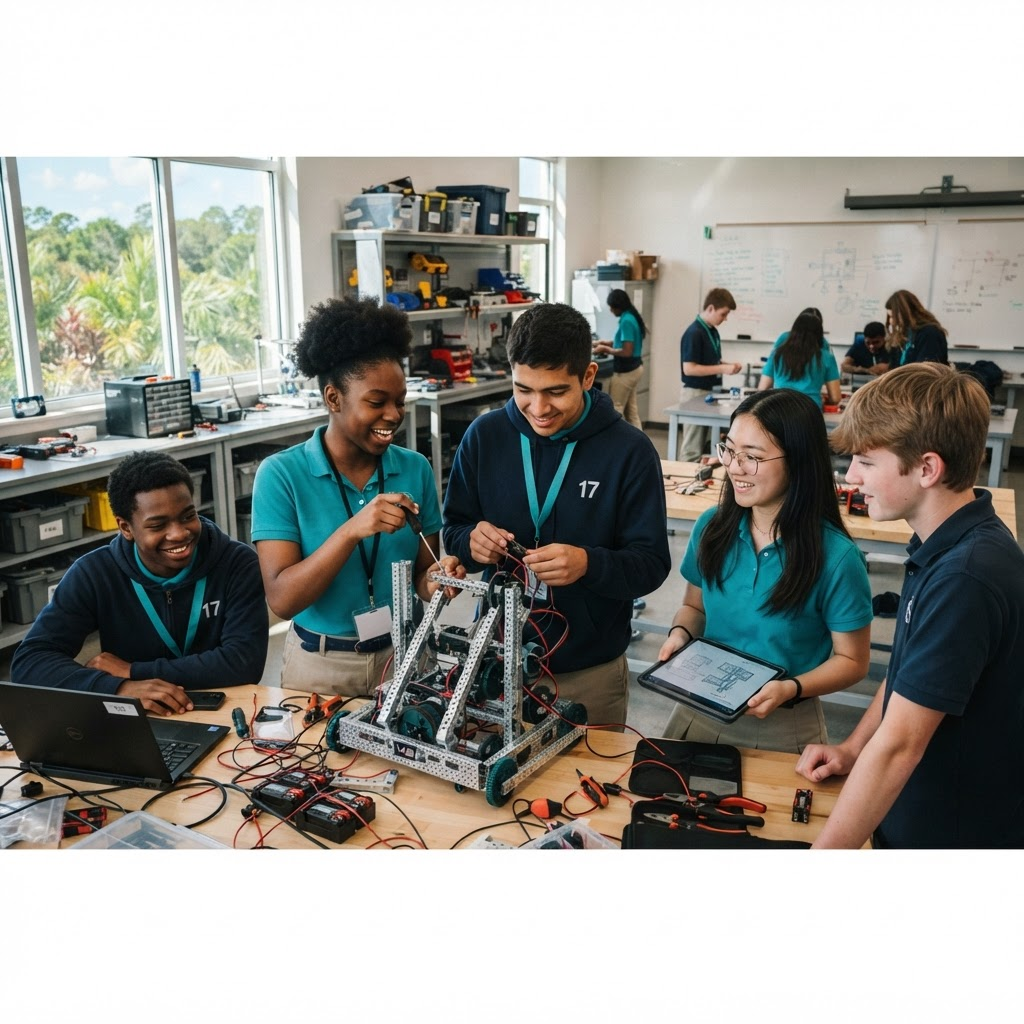 Students collaborating on a robotics project in a technology lab
